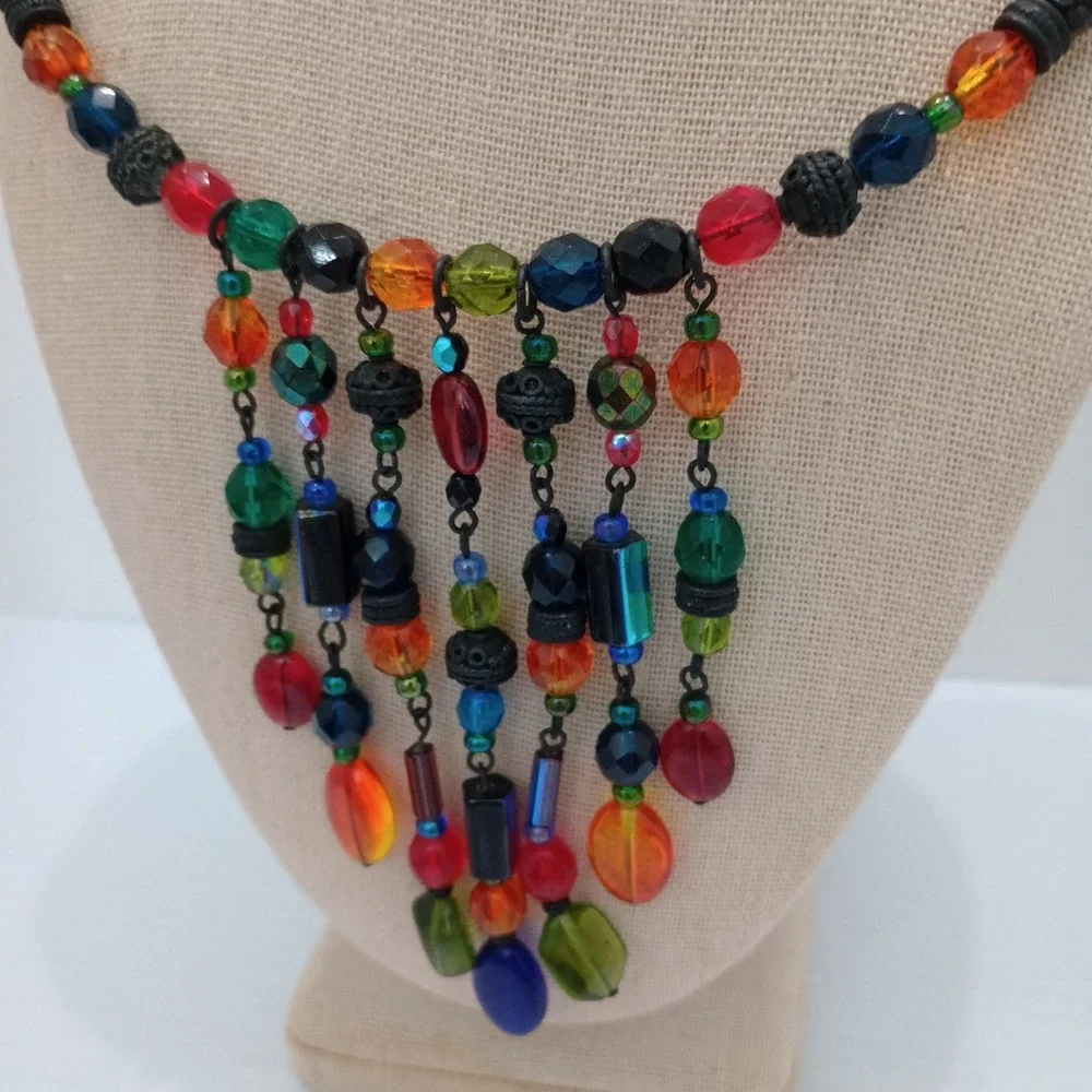 Chico's Colorful Beaded Fringe Necklace Boho Statement Bib